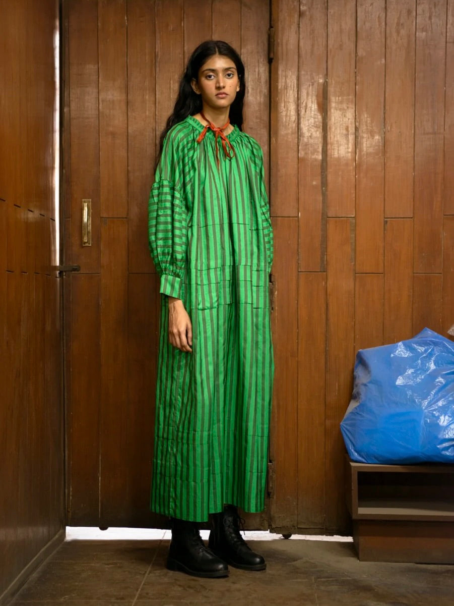 Silk Dress in Green Stripe Rhubarb Designs Silk Dress in Green Stripe Rhubarb Designs