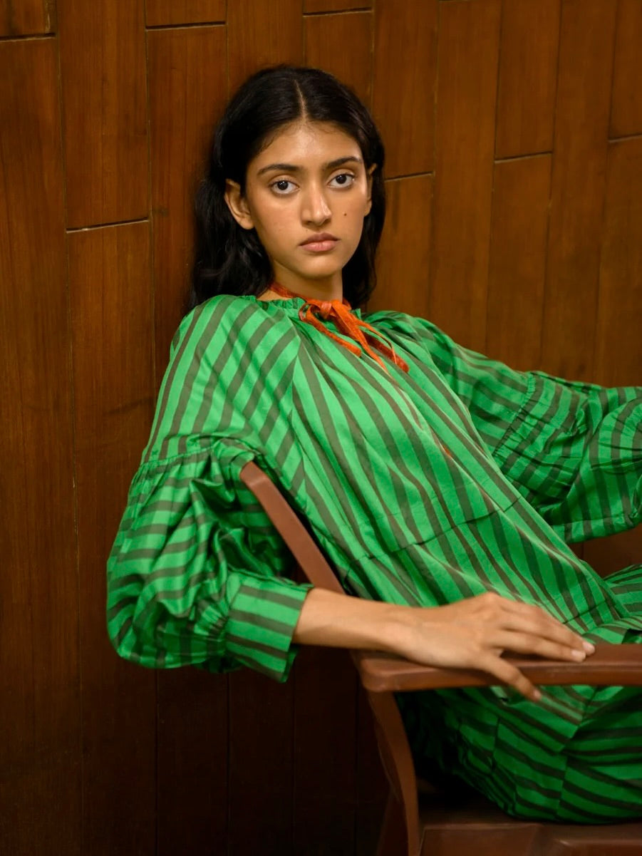 Silk Dress in Green Stripe – Rhubarb Designs