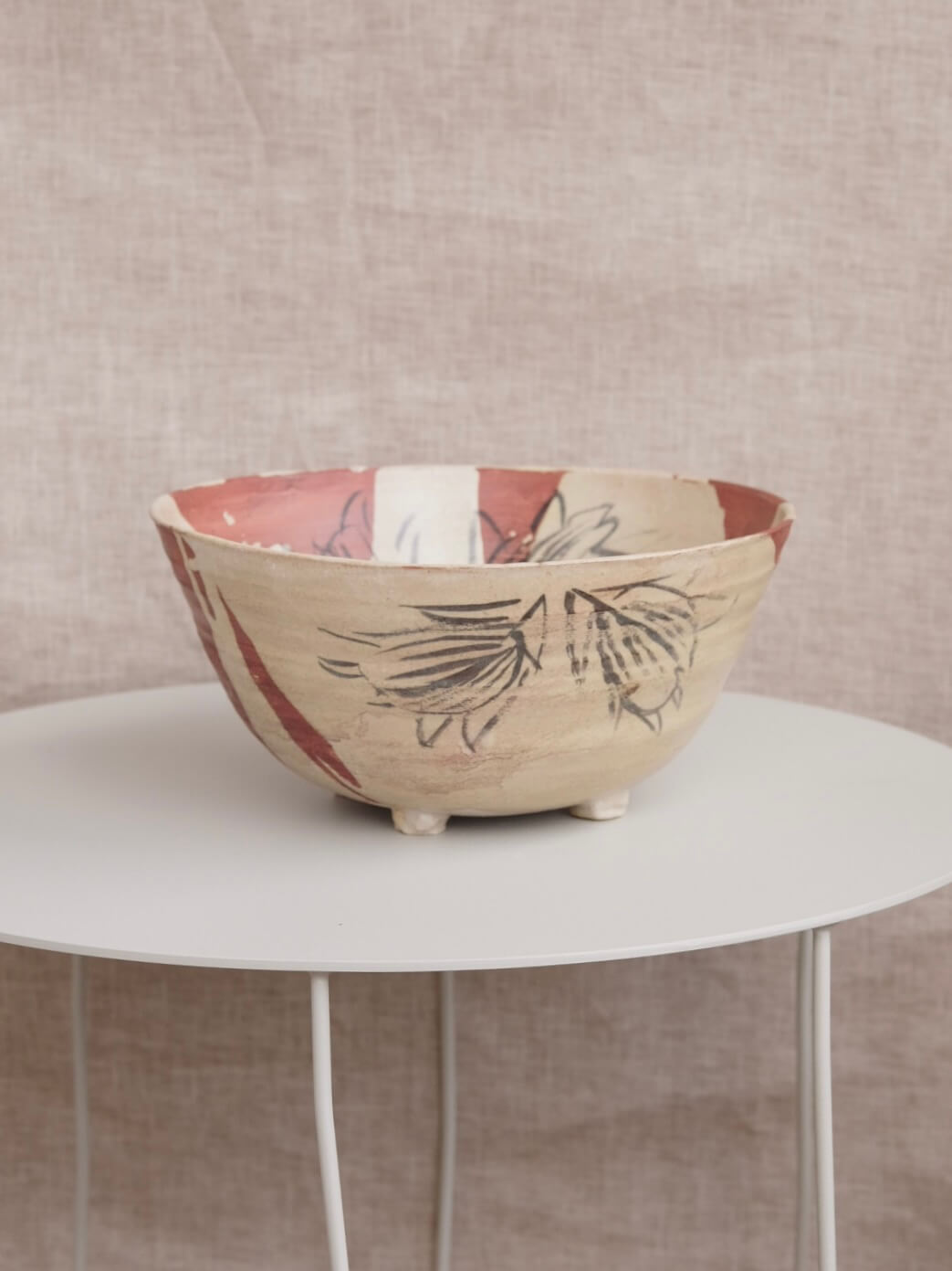 Footed Bowl with Flowers and Terra Cotta Glaze