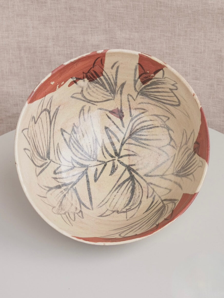 Footed Bowl with Flowers and Terra Cotta Glaze