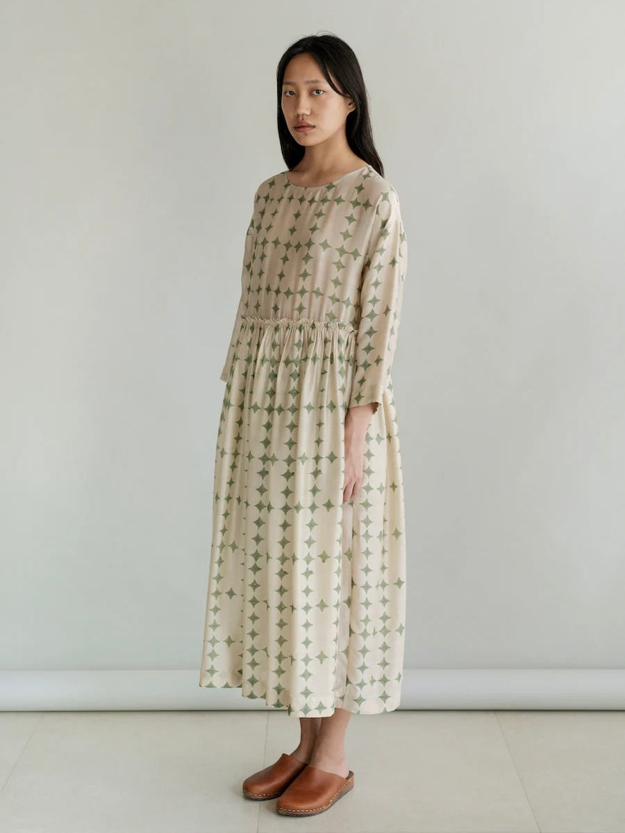 Silk Block Print Dress in Sand and Green