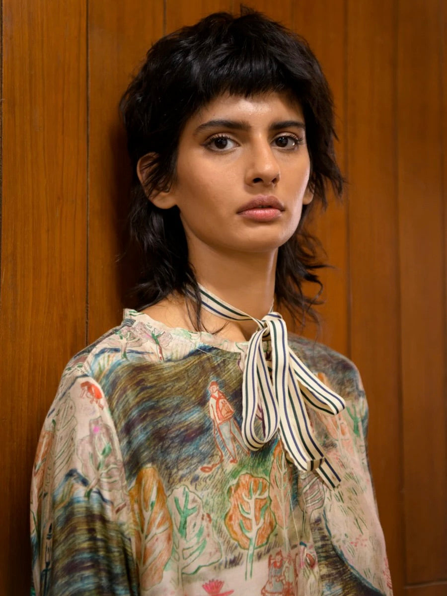 Printed Silk Dress in Park Scene