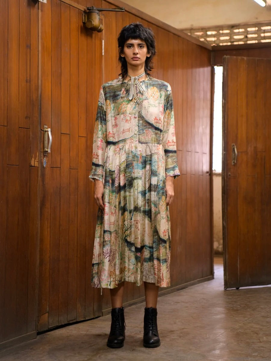 Printed Silk Dress in Park Scene