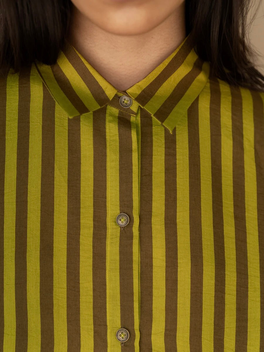 Cotton Silk Shirt in Green Brown Stripes