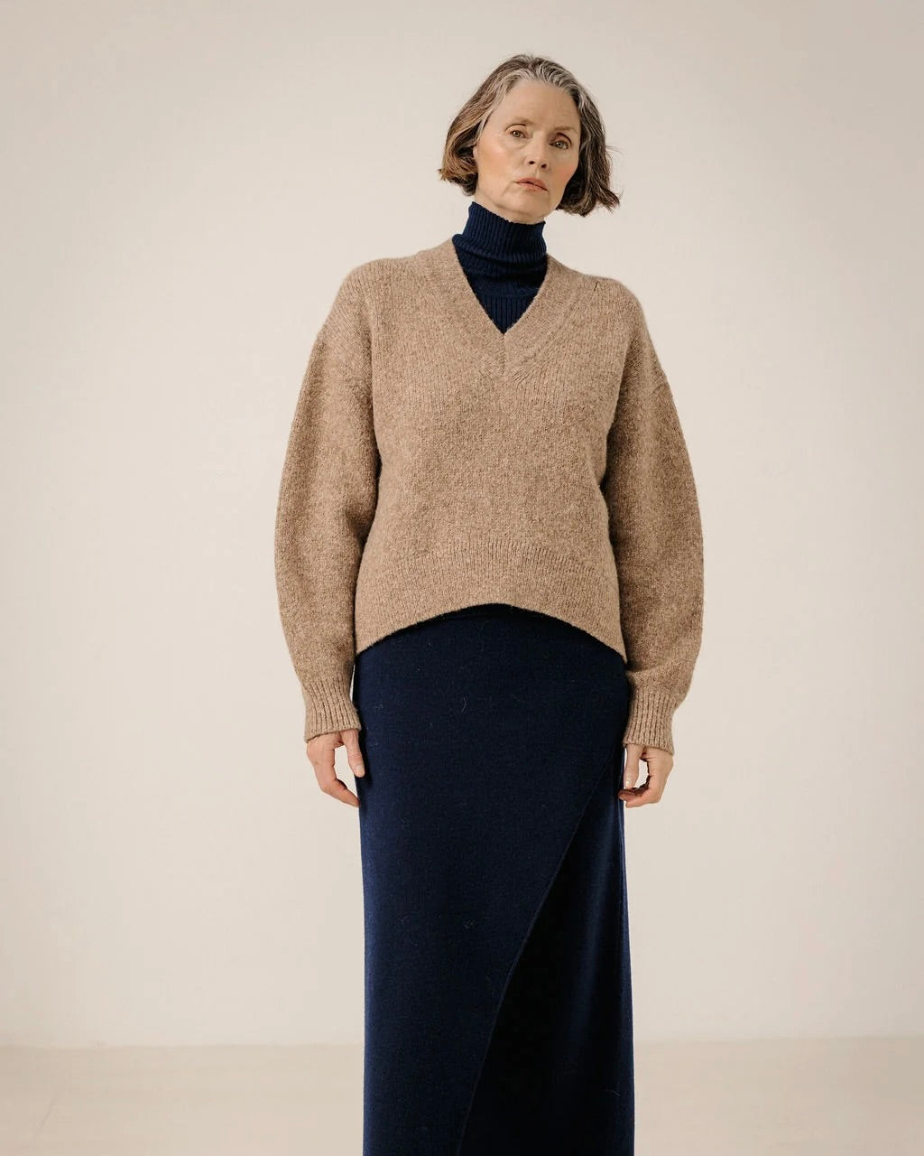 Boxy Alpaca V-Neck in Dark Fawn