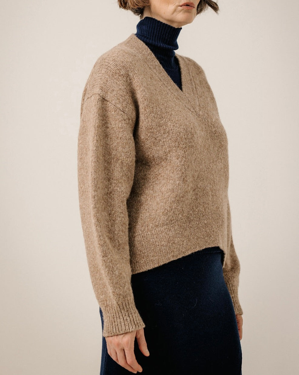 Boxy Alpaca V-Neck in Dark Fawn