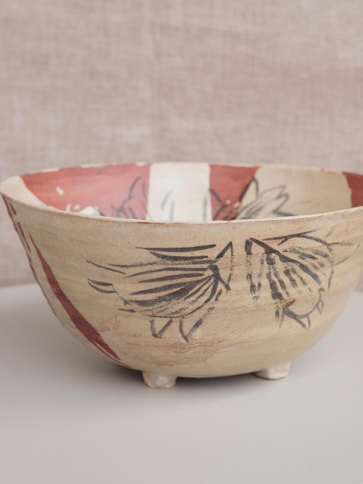 Footed Bowl with Flowers and Terra Cotta Glaze