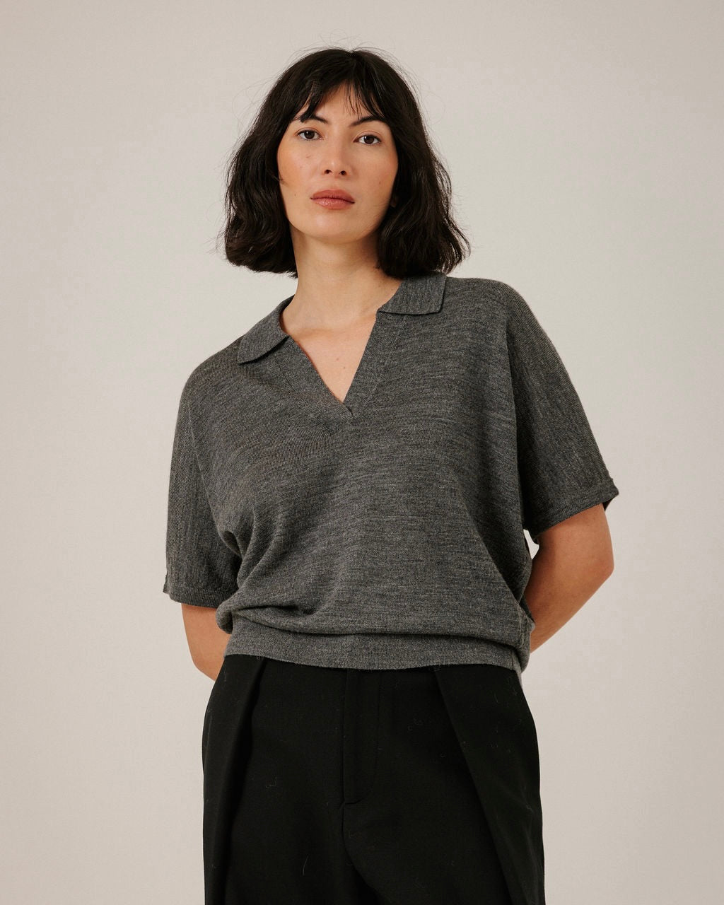 Batwing Merino Polo in Charcoal