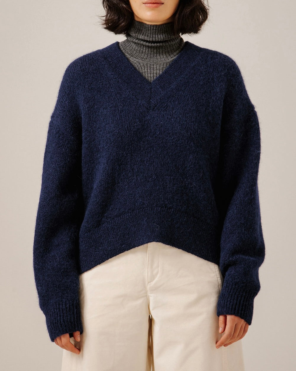 Boxy Alpaca V-Neck in Navy