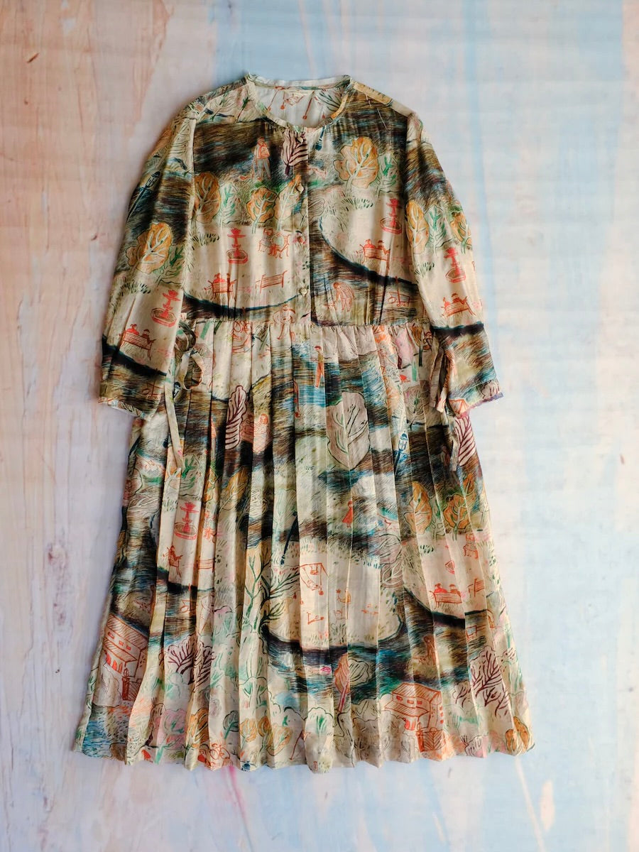 Printed Silk Dress in Park Scene