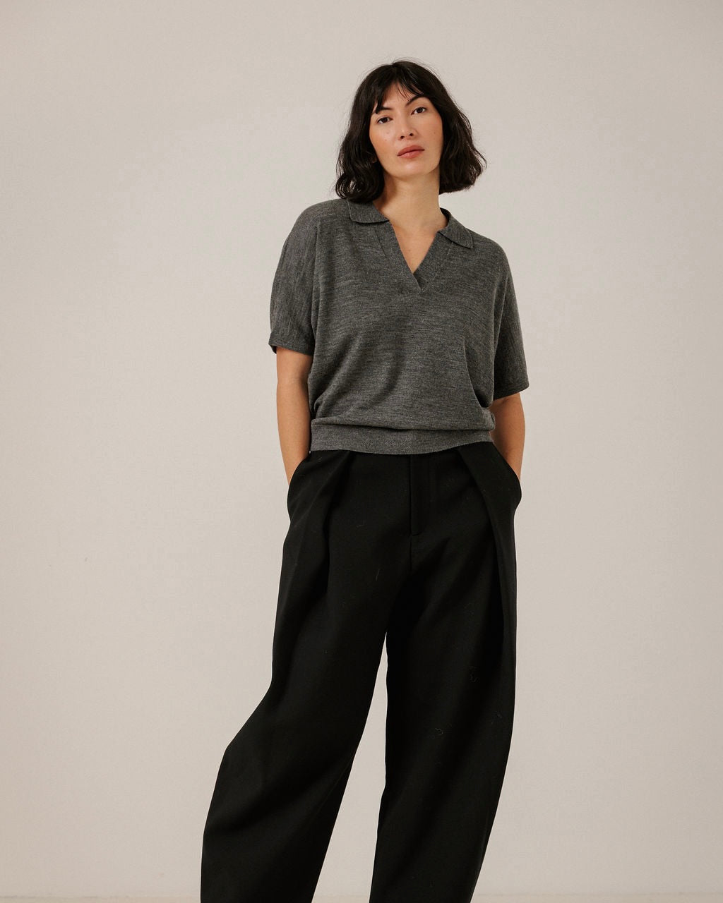 Batwing Merino Polo in Charcoal