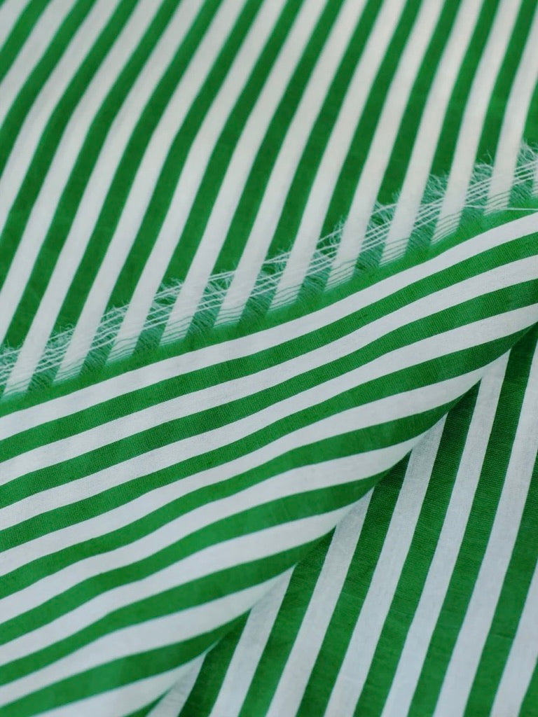 Cotton Silk Shirt in Green and White Stripes